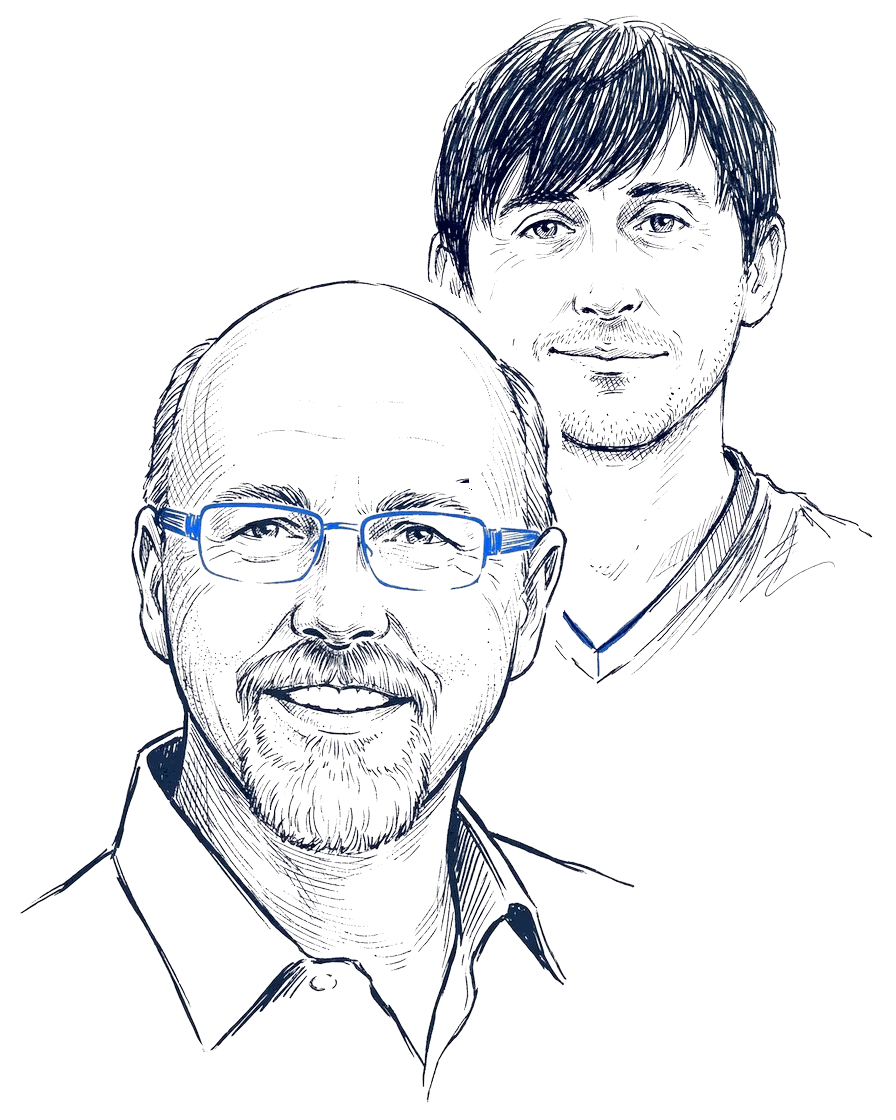 Pen-and-ink portraits of Damon Nelson and Wayne Atkinson